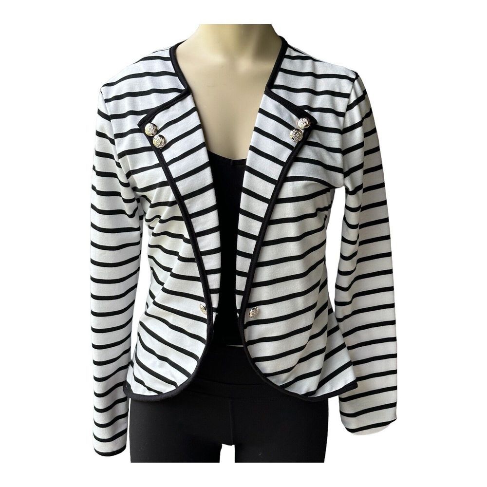 Miss Moly Blazer Jacket Women's Small White Black Striped Collarless‎ Office